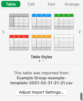 In the Format sidebar, click the Table tab, then click Adjust Import Settings.