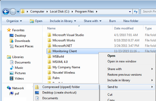 Send the "Monitoring Client" Folder to a "Compressed Folder" for review (Windows)