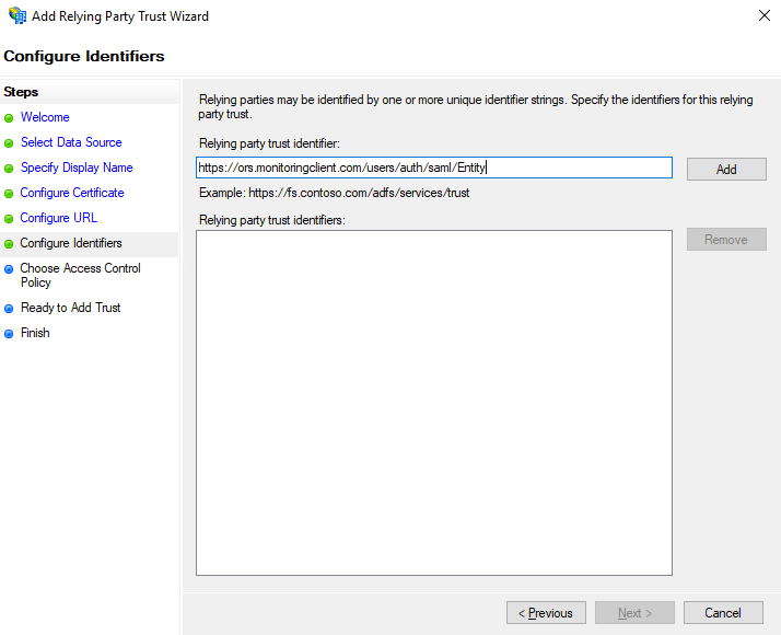 Enter Relying party trust identifier