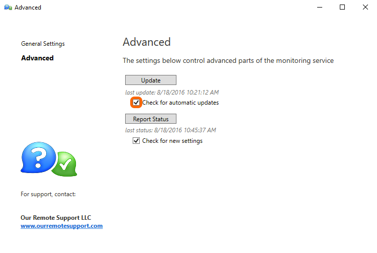 Monitoring Client Control Panel > Advanced : Check for automatic updates