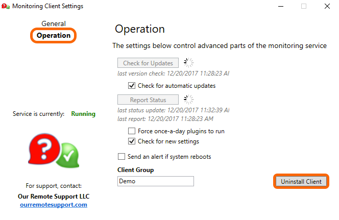 Windows: Control Panel > Operation > Uninstall Client