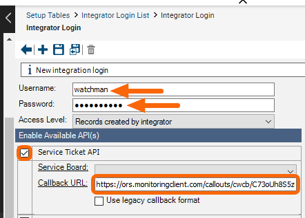 Enter Integration Login details