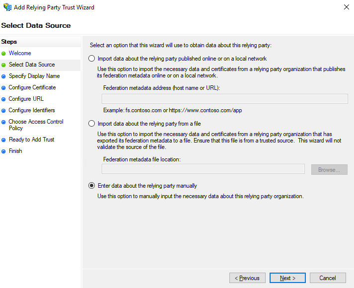 Enter data about the relying party manually