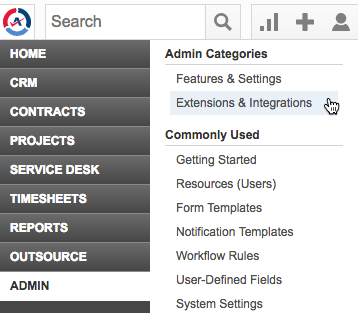 Autotask: Admin > Extensions & Integrations