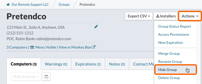 Group Page: Actions > Hide Group