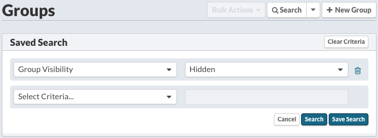 Groups: Search > Visibility: Hidden