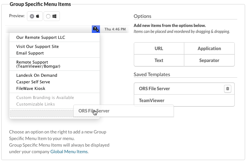 Drag Saved Template Items into the menu.