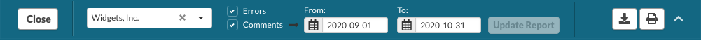 Group, Include Errors, Include Comments, From Date, To Date, Update Report