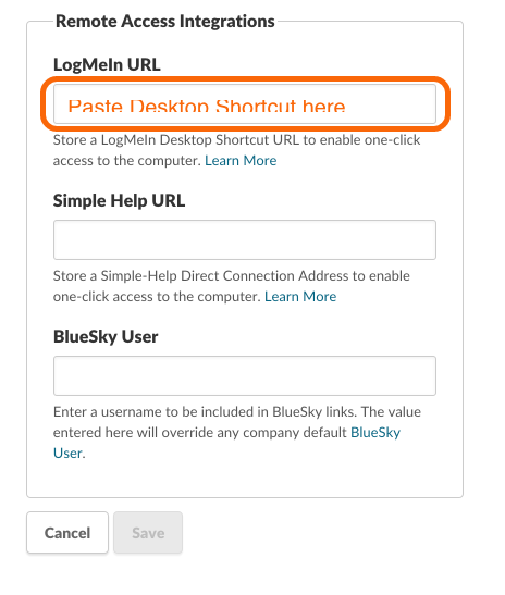 Paste the LogMeIn URL to the Remote Access Field