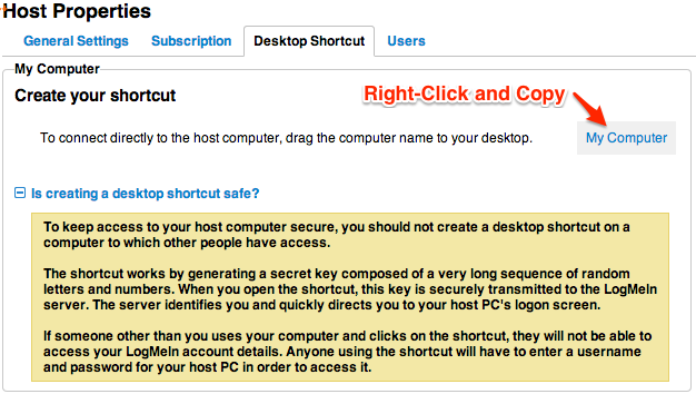 Find the LogMeIn Shortcut URL