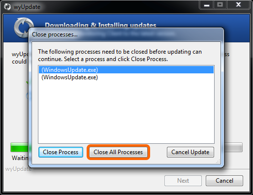 It may be necessary to close background WindowsUpdate processes