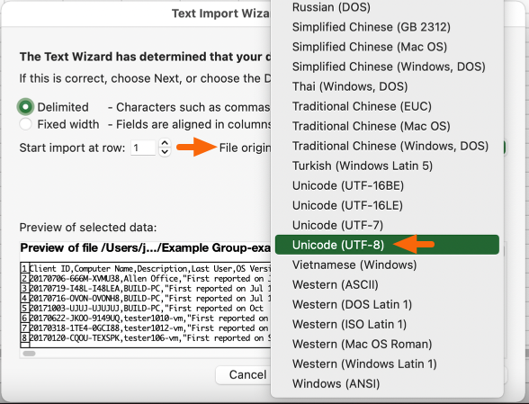 Text Import Wizard Step 1 - Set File Origin to UTF-8