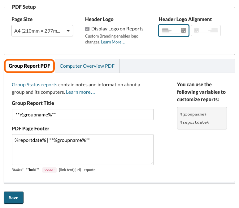 Group Report PDF Settings
