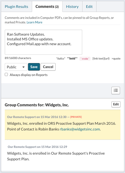 Example Comments for a Computer with Group Comments