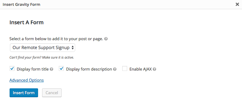 WordPress: Insert a Form