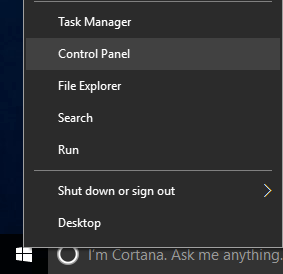 Right Click on Windows menu > Control Panel