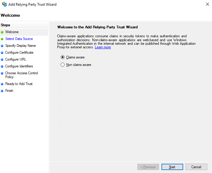 Add a Relying Party Trust to your AD Environment Wizard
