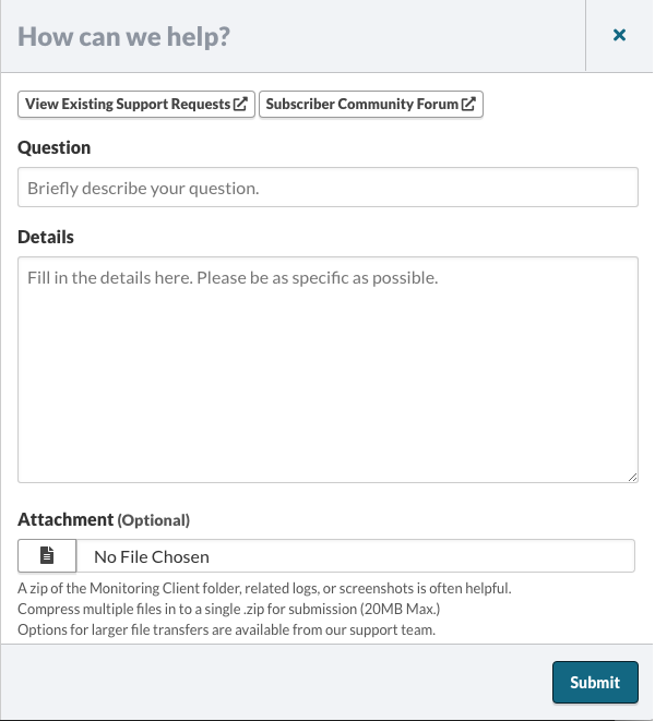 Dashboard Support Request Form