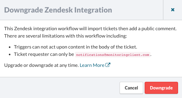 Downgrade Zendesk integration