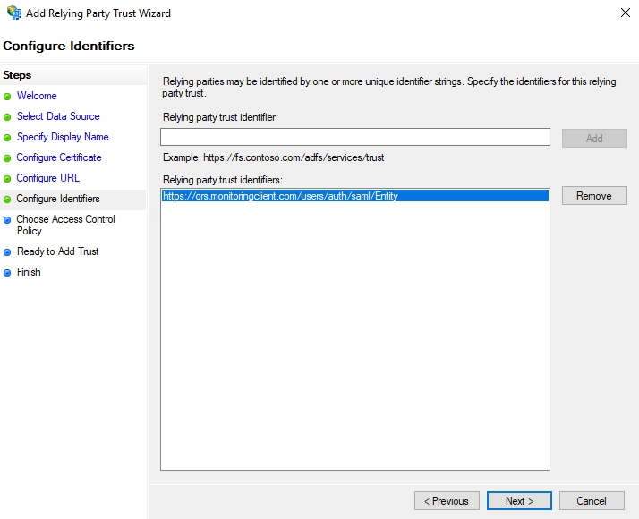 Add a Relying Party Trust Itentifier