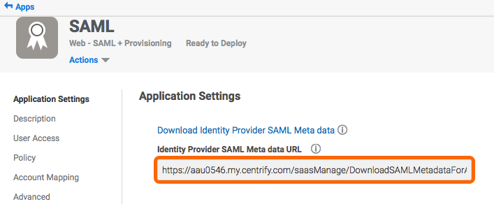 Copy the Identity Provider SAML Meta data URL