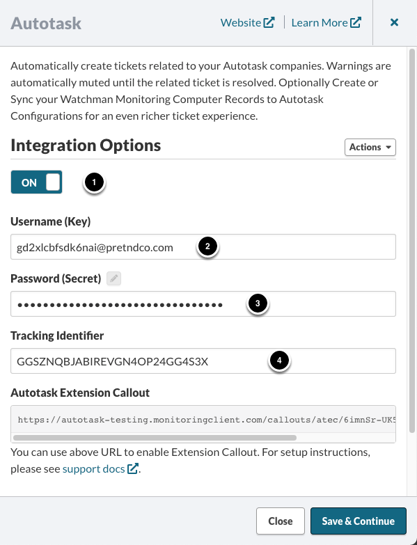 Dashboard - Integrations - Autotask
