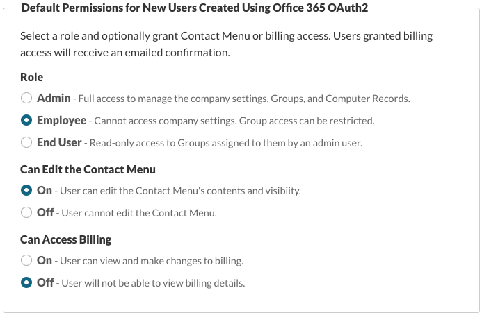 Default Permissions for New Users Created Using Office 365 OAuth2