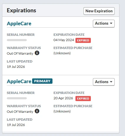 A Mac's expirations card showing AppleCare coverage and warranty status