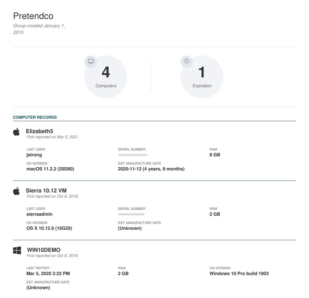 A group health report with computer counts, expirations and each computer's details
